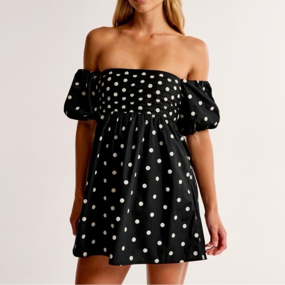 Abercrombie & Fitch Black Polka Dot Off-Shoulder Mini Dress